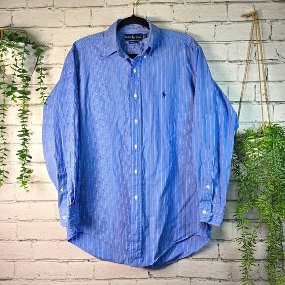 RALPH LAUREN BLUE LABEL LONG SLEEVE MENS BUTTON DOWN BLUE WITH WHITE &RUST 15.5 - Picture 1 of 5